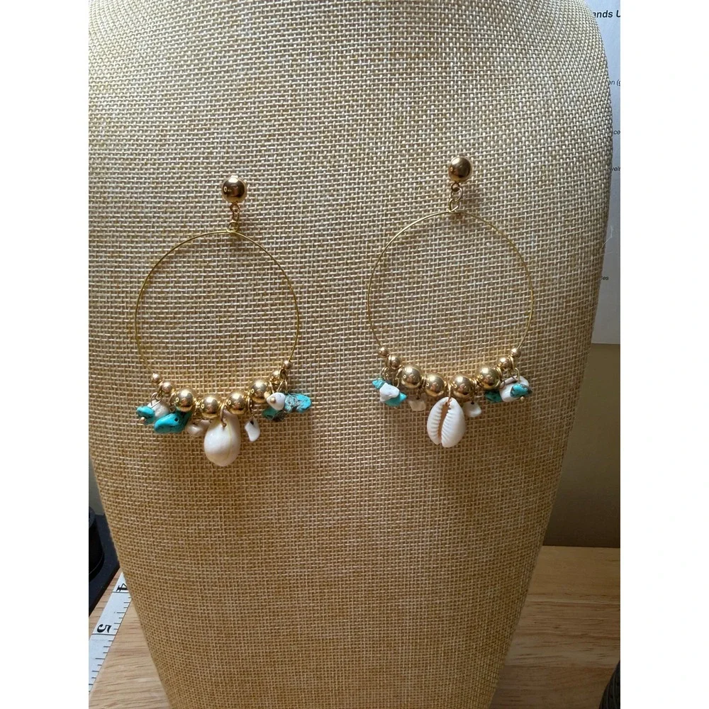 Hoop Earrings Gold Turquoise‎ Shell Bohemian Coastal Beachy Statement